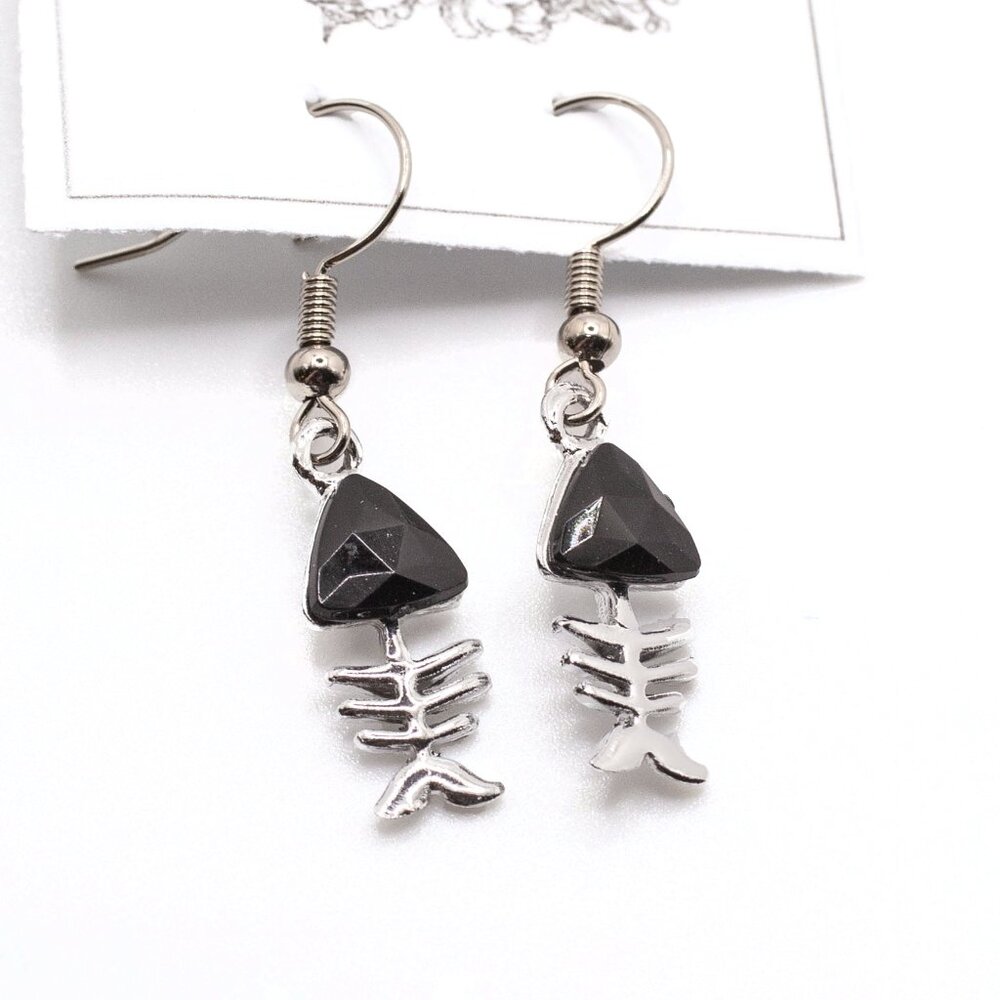 Handmade Silvertone & Black Gem Fishbone Skeleton Earrings, New